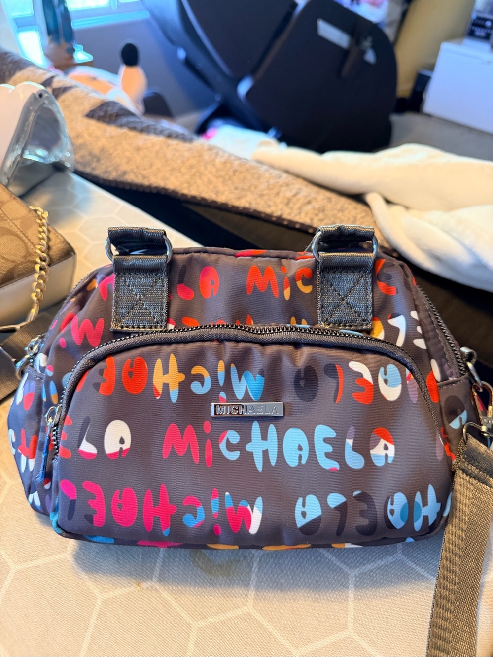 TC MICHAELA Brown Crossbody with Multicolor Logo Print